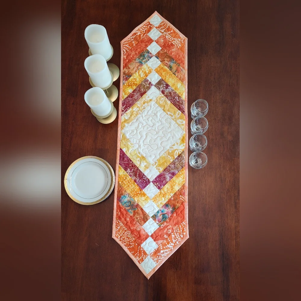 Tangerine Treasure! NEW HANDMADE Quilted Batik Table Runner -  12" X 46" - Picture 3 of 10
